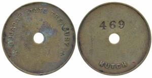 Gujarat State Treasury, Brass Token, rev. (No.) 469 Kutch. Extremely Fine.