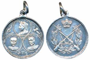 Miniature Silver Medal, 2.2g, obv. bust of Victoria with two other busts, rev. crossed rif