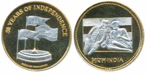 50 Years of India’s Independence, Gold Gilt Silver Medallion, 25.15g, Gandhiji and Nehruji