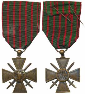 France, Croix de Guerre, Bronze cross with swords, World War I, obv. liberty at center wit