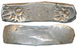 Archaic Punch Marked Coinage, attributed to Gandhara Janapada (c. 600-400 BC), Bent Bar, S