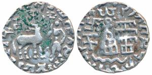 Kunindas, Amoghabhuti, Silver Drachma, 2.09g, obv. deer standing to right, a kalash on bac