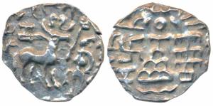 Kunindas, Amoghabhuti, Silver Drachma, 2g, obv. deer standing to right, a kalash on back a