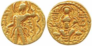 Guptas, Chandragupta II, Gold Dinar, 7.76g, ‘Archer’ type, obv. king nimbate, standing lef