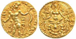 Guptas, Chandragupta II, Gold Dinar, 7.88g, ‘Archer’ type, obv. king nimbate, standing wit