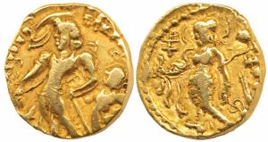 Guptas, Chandragupta II, Gold Dinar, 7.77g, ‘Chhatra’ type, obv. king standing facing left