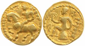 Guptas, Chandragupta II, Gold Dinar, 7.87g, ‘Horseman’ type, obv. king riding a horse trot