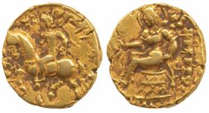 Guptas, Chandragupta II, Gold Dinar, 7.95g, ‘Horseman’ type, obv. king riding a horse trot