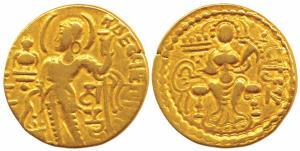 Guptas, Samudragupta (c. 335-380 AD), Gold Dinar, 7.2g, ‘Sceptre’ type, obv. king nimbate 