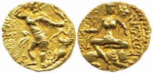 Guptas, Kumaragupta I, Gold Dinar, 8.2g, ‘Lion-slayer’ type, obv. king standing right, wea