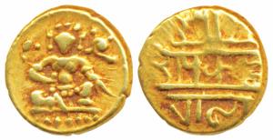 Vijayanagar, Krishna Deva Raya (1509-1529 AD), Gold ½ Pagoda, 1.68g, obv. Seated Balakrish