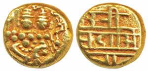 Vijayanagar, Sadashiva Raya (1543-1570 AD), Gold Pagoda, 3.43g, obv. Lakshmi-Narayana (Vis