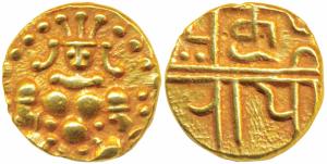 Nayakas of Chitradurga, Gold Durgi Pagoda or Hon, 3.3g, obv. Krishna as Bal Gopal, rev. Na