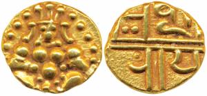 Nayakas of Chitradurga, Gold Durgi Pagoda or Hon, 3.3g, obv. Krishna as Bal Gopal, rev. Na