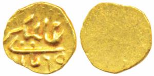 Alamgir II, Gold Fanam, 0.19g, mint name off flan, AH (11)65, Uniface (similar to Herrli 8