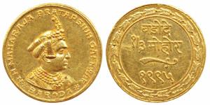 Pratap Singh (VS 1995-2008; 1938-1951 AD), Gold 1/3 Mohur, 3.95g, obv. portrait of the Mah