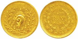 Rama Varma IV (1860-1880), Gold Double / 2 Pagoda, 5.09g, 1877, obv. conch shell within wr