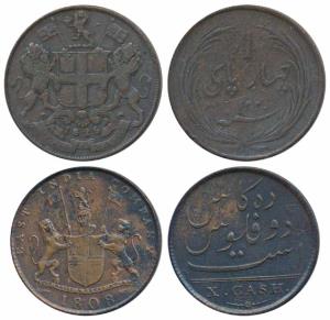Copper 10 Cash, 4.69g, obv. coat of arms of the EIC and date 1808, rev. value in English (