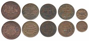 Copper ½ Anna, 1835; Copper ¼ Anna (3), 1835, 1857, 1858; Copper 1/12 Anna, 1835. Fine+ to