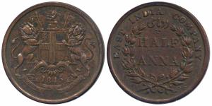 Copper ½ Anna 1845, obv. coat of arms of the EIC and date below, rev. value within wreath,