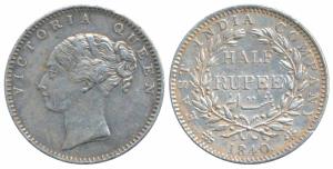 Victoria Queen, Silver ½ Rupee, 1840, continuous legend, Calcutta Mint, English Head, 19 B