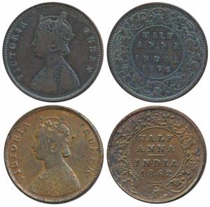 Queen Victoria, Copper ½ Anna (2), 1862 & 1876. Fine+ and About Very Fine. (2)