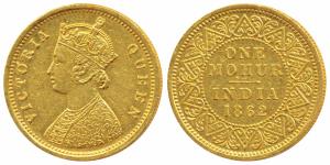 Victoria Queen, Gold Mohur, 1862, two flowers in bottom panel of jabot, V in relief in the