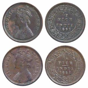Victoria Empress, Copper ½ Pice, 1888, Calcutta Mint, (Prid 720); 1862, Calcutta Mint (Pri