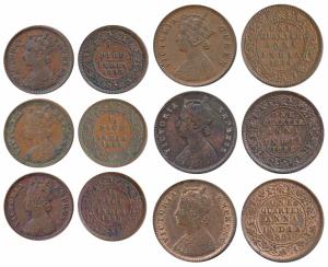 Victoria Queen and Empress, Copper ¼ Anna (3), 1874, 1886 & 1891; Copper ½ Pice (3), 1895,
