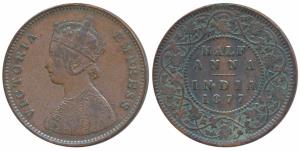 Victoria Empress, Copper ½ Anna, 1877 (Prid 586). Fine+.