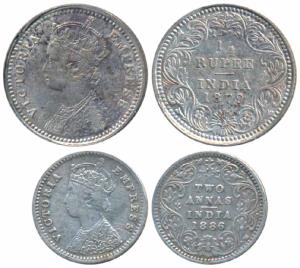 Victoria Empress, Silver 2 Annas, 1886, Bombay Mint, B / II / B Incuse (Prid 539); ¼ Rupee