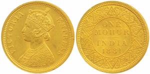 Victoria Queen, Gold Mohur, 11.64g, Calcutta Mint, 1881, obv. two flowers in bottom panel 