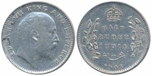 Edward VII, Silver ½ Rupee, 1908, Calcutta Mint, No mint mark, (Prid 312). Very Fine+.