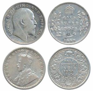 Edward VII, Silver ½ Rupee, 1909, Calcutta Mint (Prid 313); George V, Silver ½ Rupee, 1930