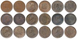 Copper 1/12 Anna, Queen Empress, 1878; Edward VII, 1904; George V (7), 1912, 1915, 1918, 1