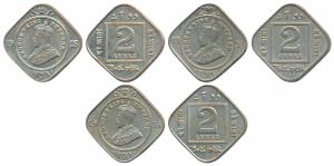 George V, Cupro-Nickel 2 Annas (3), 1918, 1933 & 1936. Fine+, About Extremely Fine and Unc