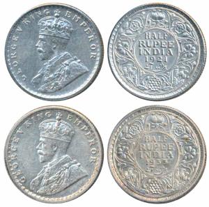 George V, Silver ½ Rupee (2), 1921, Calcutta Mint (Prid 324); 1933, Calcutta Mint (Prid 33
