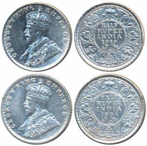 George V, Silver ½ Rupee (2), 1934 Calcutta Mint, (Prid 334); 1919, Bombay Mint, (Prid 343