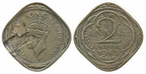 George VI, Nickel-Brass 2 Annas, 1943, Bombay Mint, Error Lamination (surface of a coin cr