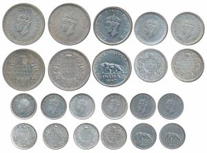 George VI, Half Silver ¼ Rupee (4), 1939, 1940, 1944, 1945; Half Silver ½ Rupee (2), 1942 