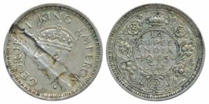 George VI, Half Silver ¼ Rupee, 1945, Bombay Mint, Error, the top layer of the planchet pe