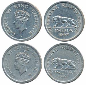 George VI, Nickel Rupee, 1947, Lahore Mint, No mint mark, (Prid 864); 1947, Bombay Mint (P