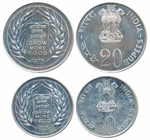 Silver Rupees 10 & 20, 1973, Grow More Food, Bombay Mint (KM 188). Brilliant Uncirculated,