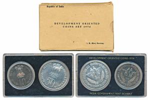 1974 Uncirculated Set, Planned Families Food For All, set of 2, Rupees 10 and 50. In near 