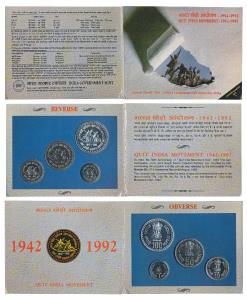 1993 Uncirculated Set, Quit India Movement, set of 4, Rupee 1, 10, 50 & 100. In near immac