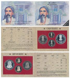 1998 Proof Set, Sri Aurobindo, set of 4, Rupees 2 to 100. In immaculate condition, within 