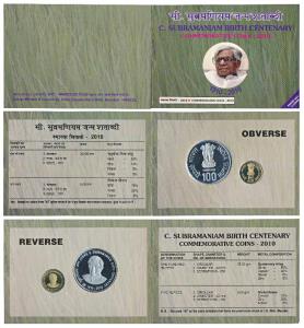 2010 Proof Set, C. Subramaniam Birth Centenary, set of 2, Rupees 5 and 100. In immaculate 