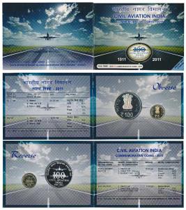 2011 Proof Set, 100 years Civil Aviation India, set of 2, Rupees 5 and 100. In immaculate 