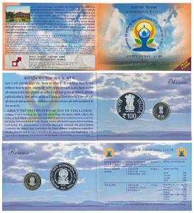 2015, Proof Set, Yoga for harmony and peace, set of 2, Rupees 10 and 100. In immaculate co