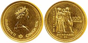 Canada, Elizabeth II, Gold $100, 13.34g, 0.58 fine (the purity is evident from the pale co